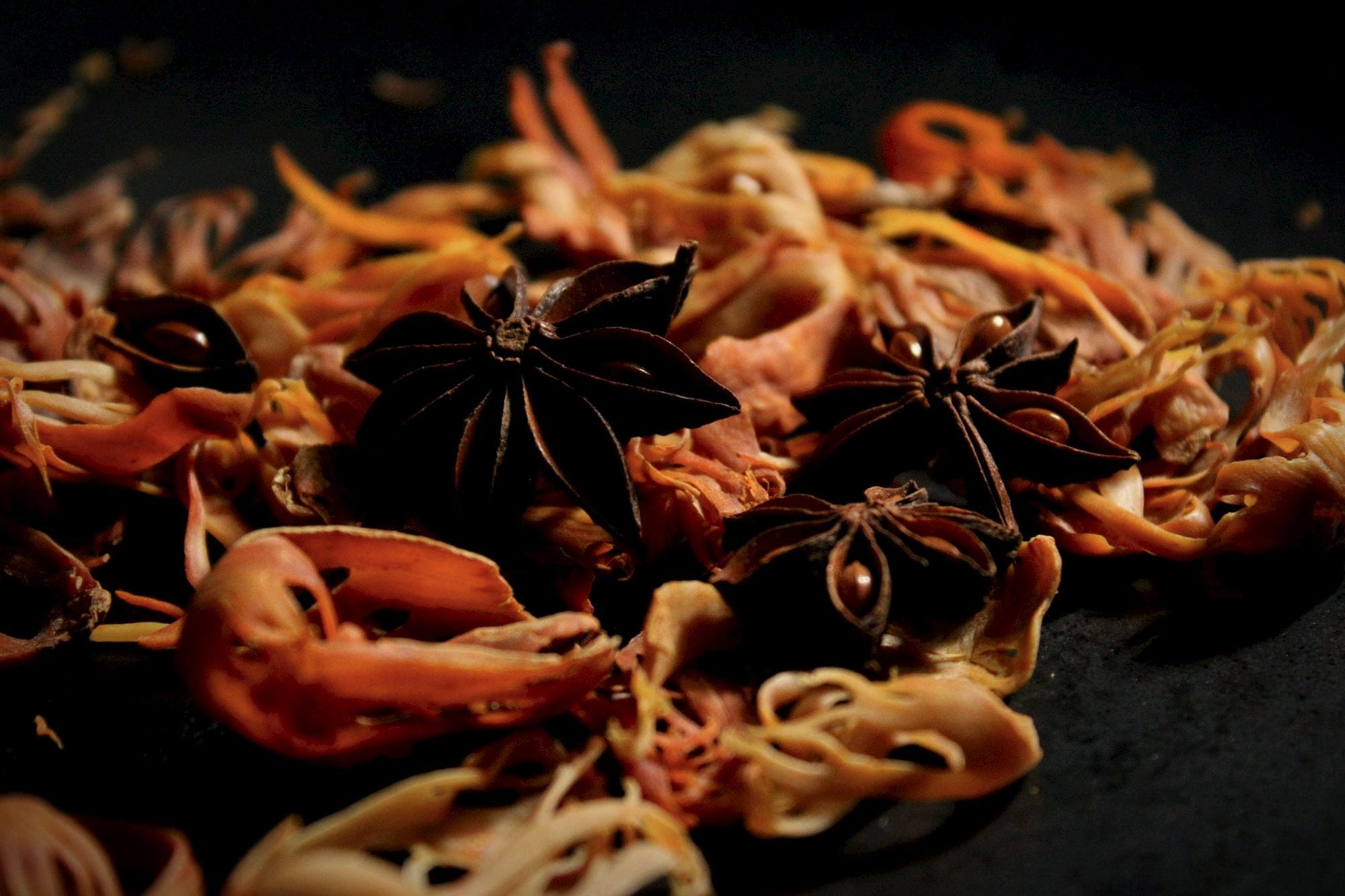 Star anise and mace, warm against a dark surface